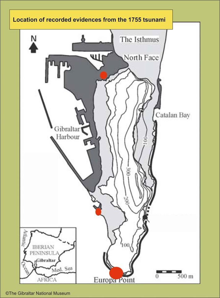 Location of recorded evidence from the 1755 tsunami